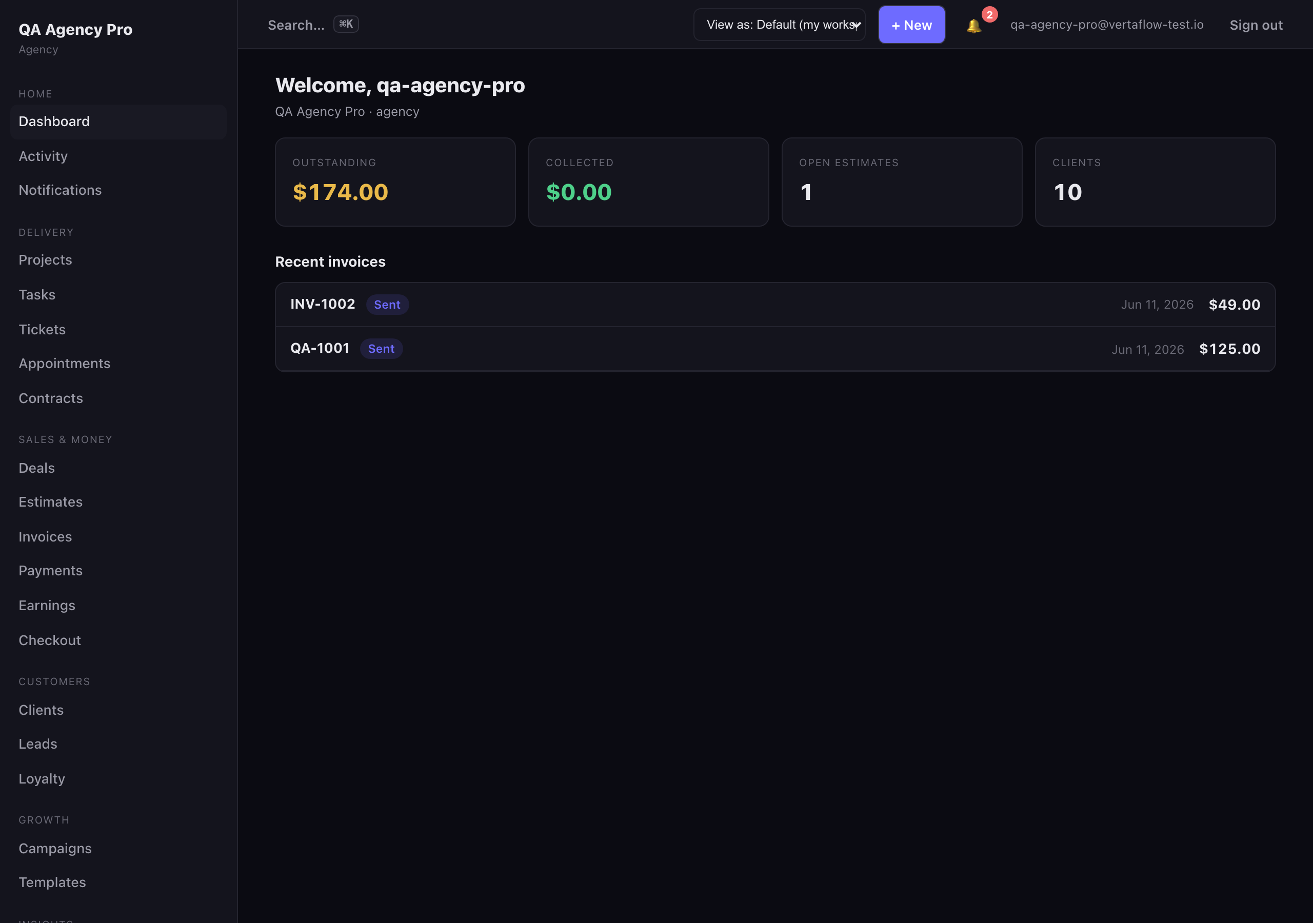 The VertaFlow dashboard with KPI tiles, today's schedule, and quick actions