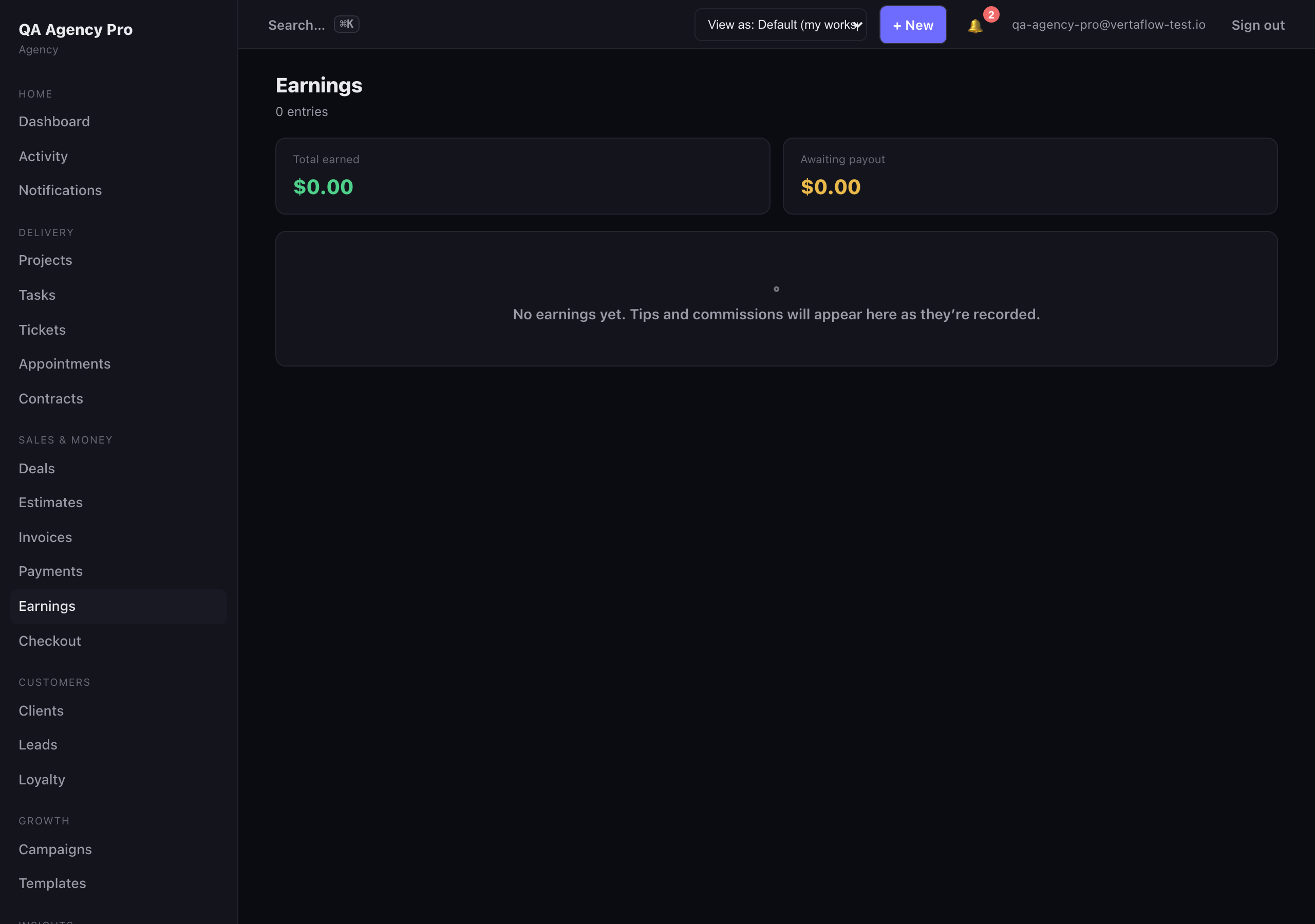 The VertaFlow Earnings ledger with total earned and awaiting-payout summaries