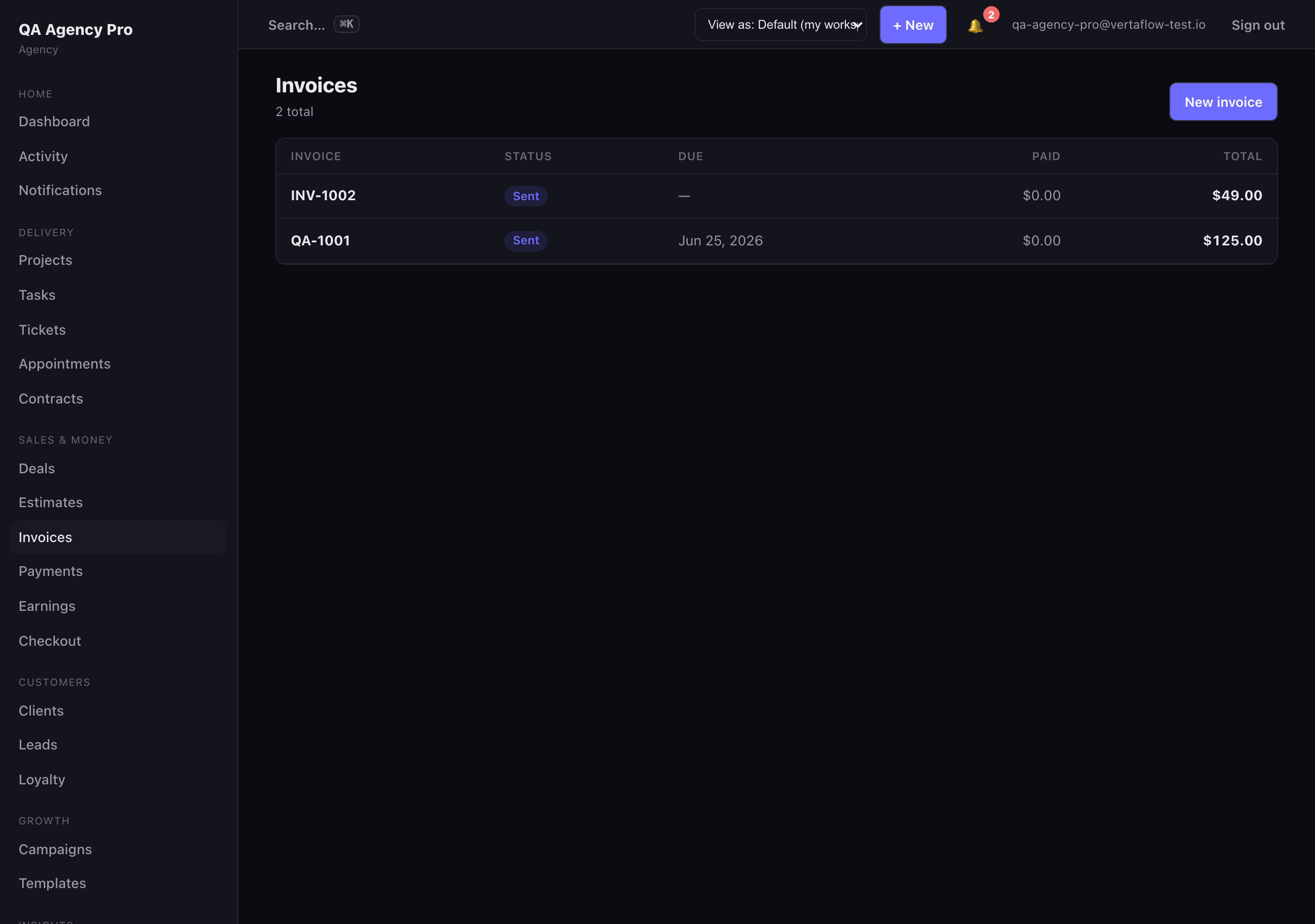 The VertaFlow invoices list with outstanding / paid / overdue pills and status filters