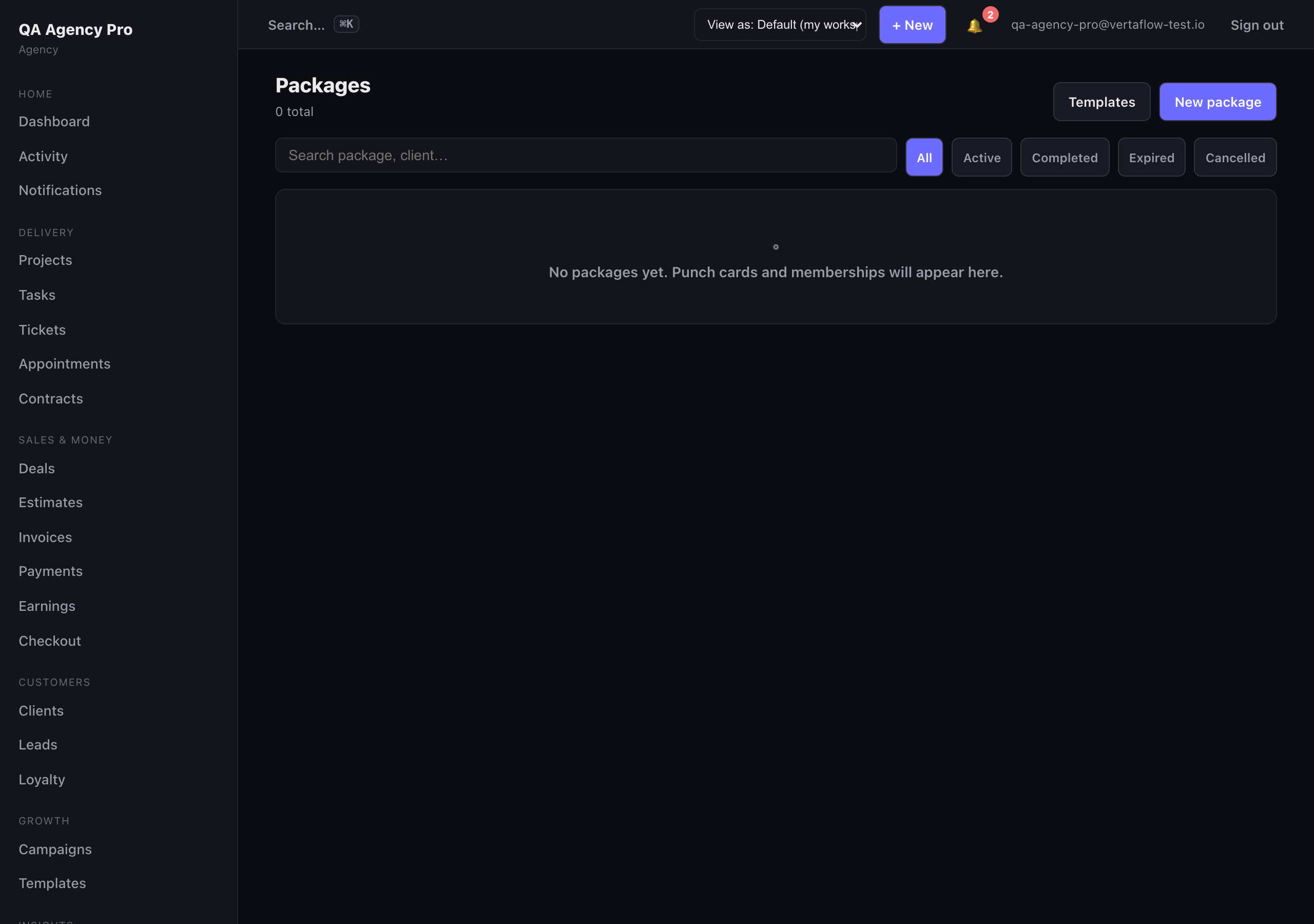 The Packages list with each client's package, remaining-session balance, status, and price.