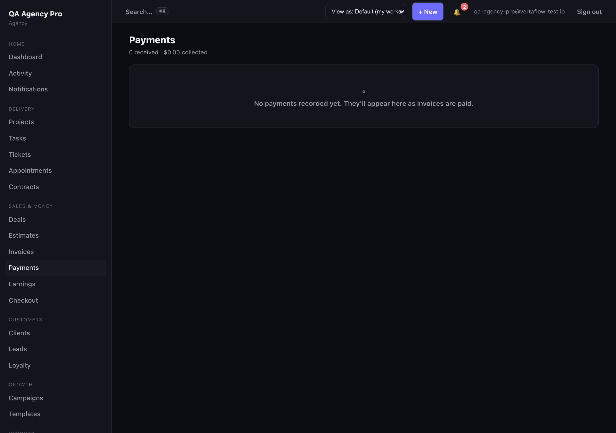 The VertaFlow Payments list showing collected payments with method and amount