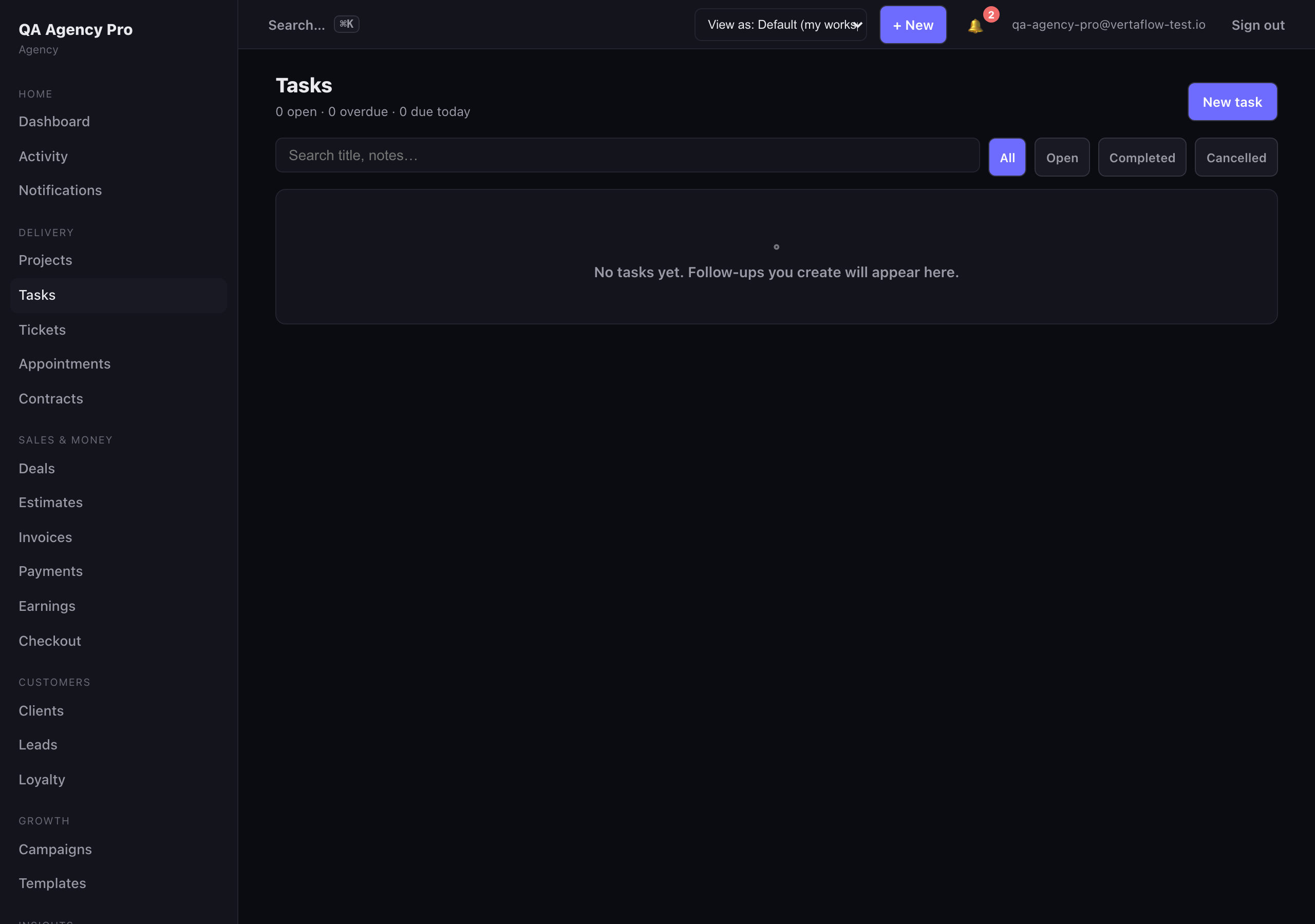 The VertaFlow Tasks list with checkboxes, priorities, and due dates